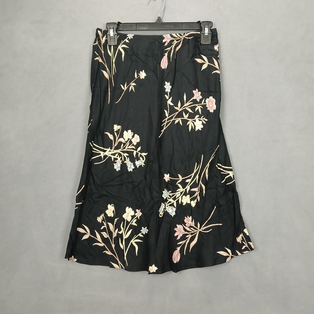 Vintage Clio Maxi Skirt Womens Medium‎ Black Floral Rayon Career Formal Business
